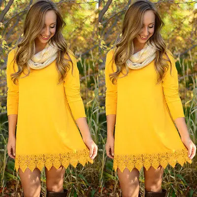 

Autumn Women Long Sleeve embroidery Loose Casual Tops lace Blouse T Shirt Short Mini Dress mujer vestidos