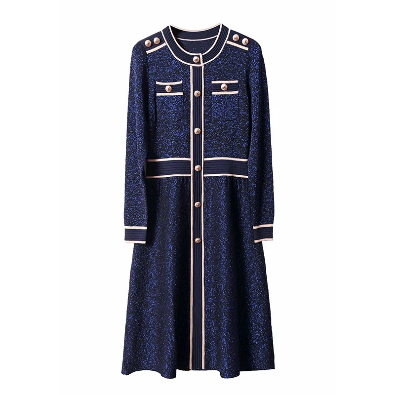 

Winter High Quality Autumn Dress Runway Fashion Long Sleeve Blue Dress Button Knitted Green Dress Sweater Slim Dress