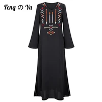 new autumn womens trumpet sleeve dress 2021 black elegant v neck long sleeve bohemian embroidery muslim party dress