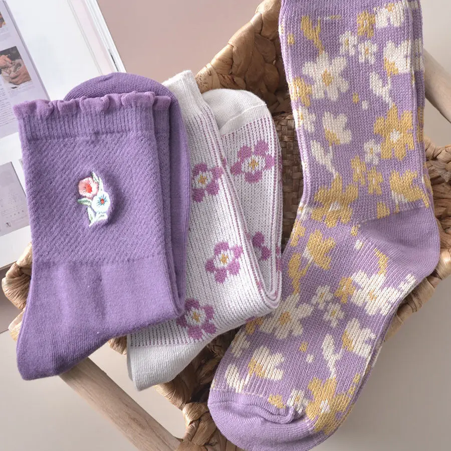 

Sfree 6Pairs Female Students Korean Version of Autumn and Winter Thick Warm Retro Japanese Simple Plaid Flower Stockings