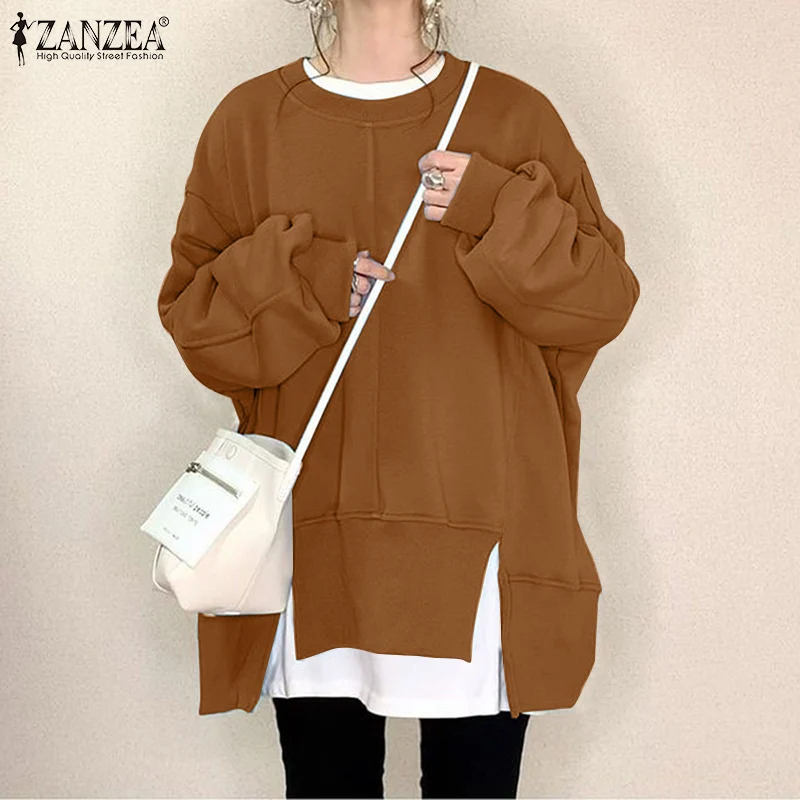 

Women Irregular Hem Hoodies Autumn O Neck Patckwork Pullovers Fashion Female Casual Loose Tops ZANZEA Oversized Solid Sweatshirt