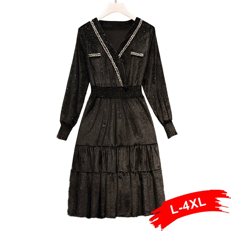 Сексуальное бархатное платье с блестками размера плюс v-образным вырезом длинным