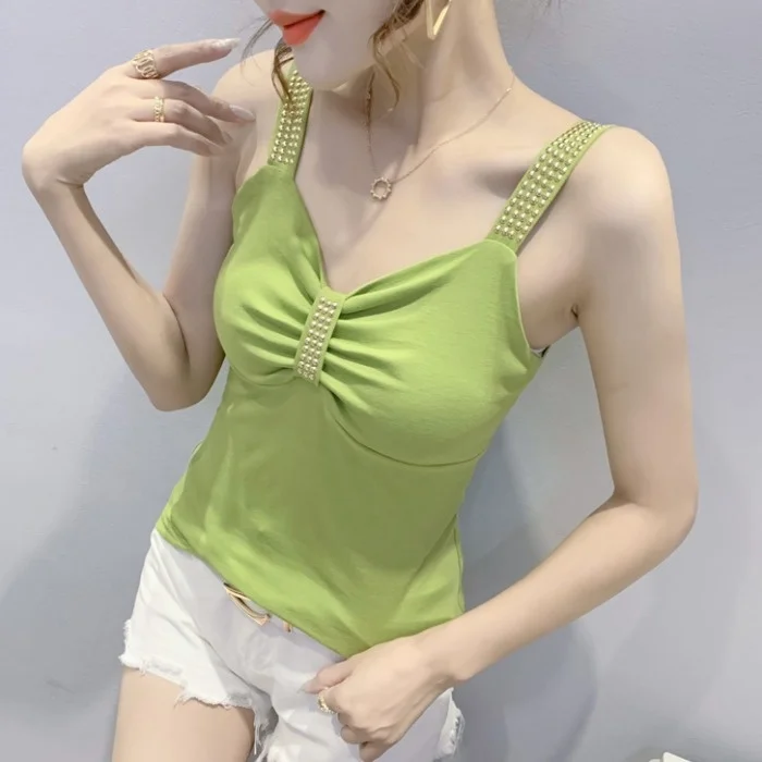 

#5329 Tight Crop Top Women With Beading Sexy Tops V Neck Short Sleeveless Top Slim Off Shoulder Top Fashion Summer Tank Top