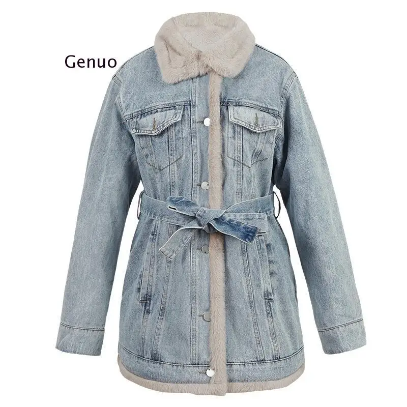 Новая зимняя куртка для женщин джинсовое пальто с поясом Меховая женская верхняя