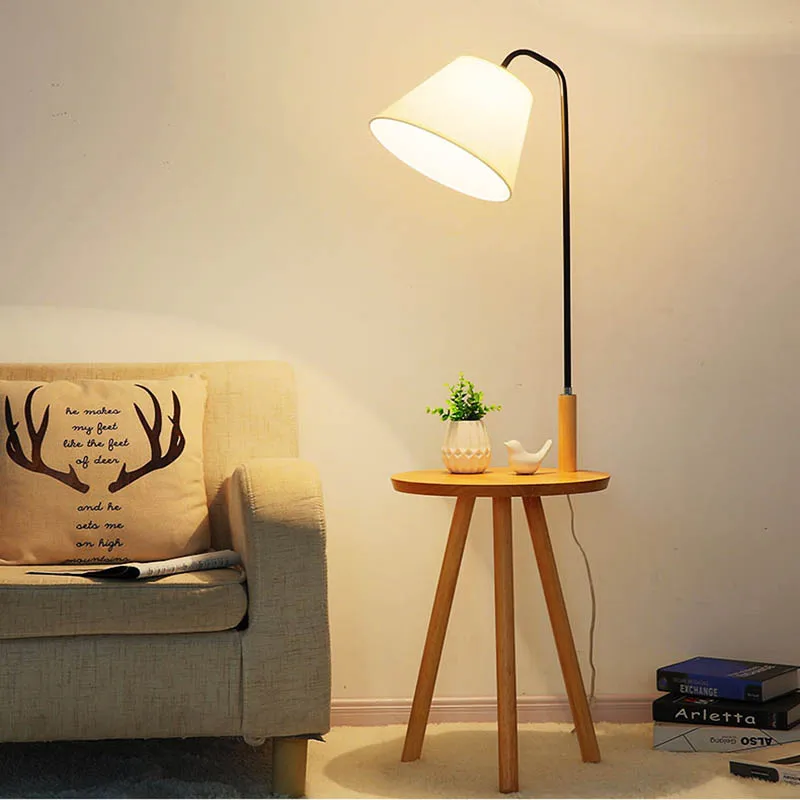 

Nordic Standard Lamp E27 Foyer Study Bedroom Hotel Lighting Fixture Modern Farbic Lampshade Floor Lamp with Wood Table