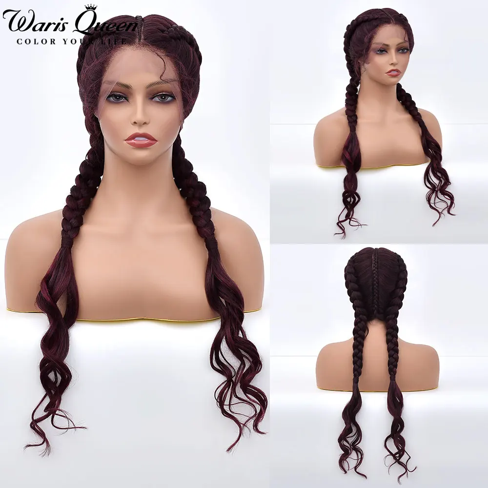 

Braided Lace Front Wig Synthetic Wigs For Women 99J Red 36 Inch Long Dutch Twins Braids With Baby Hair 360 Lace Frontal Perruque