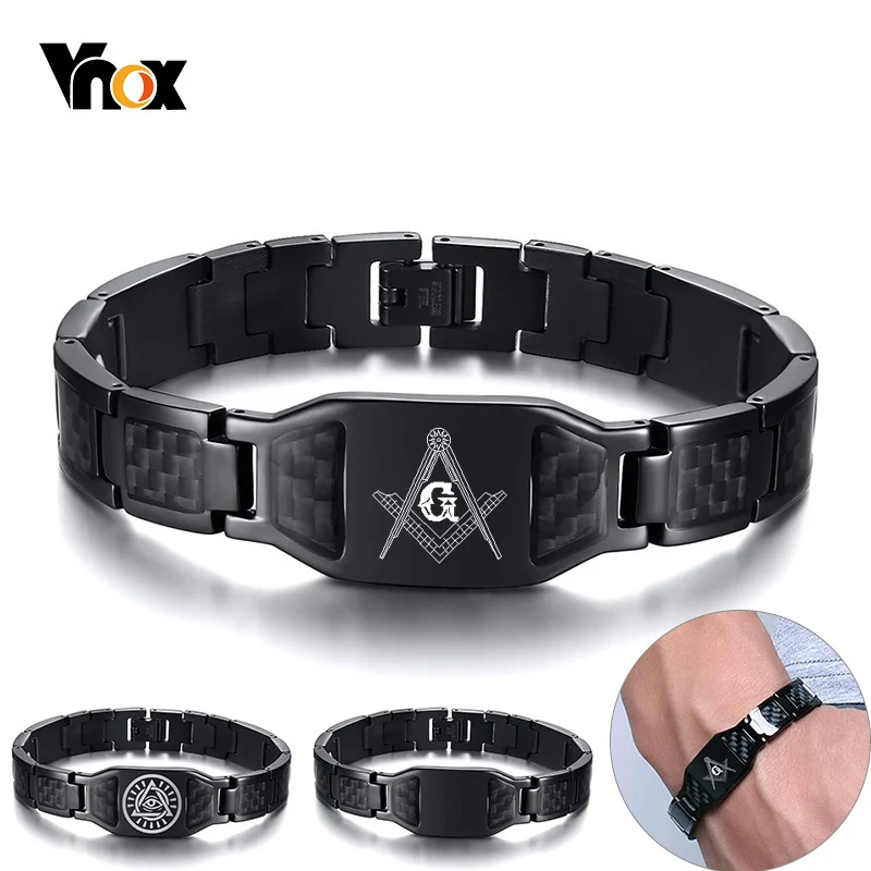 Vnox Custom Free of Mason Bracelet for Men Black Carbon Fiber Stainless Steel Mansonic Jewelry Punk Male Club Bandge Personalize | Украшения