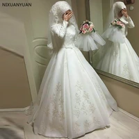 2021 long sleeves muslim wedding dresses with bow ball gown ivory applique floor length arabic bridal dress