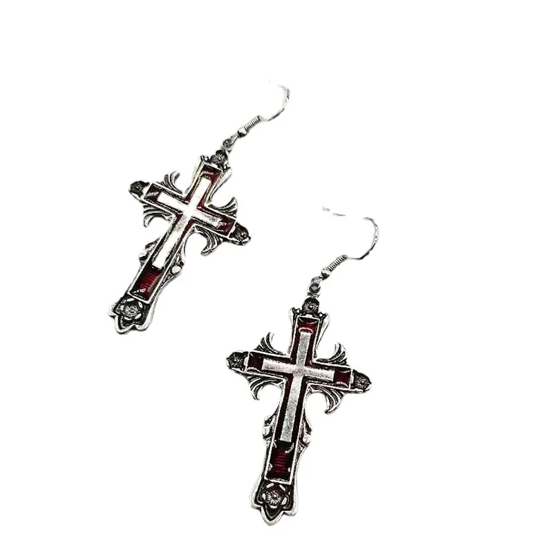 

Halloween Cross Earrings Gothic Punk Style Steampunk Black Metal Red Rhinestone Ear Pendant for Women Girl Eardrop
