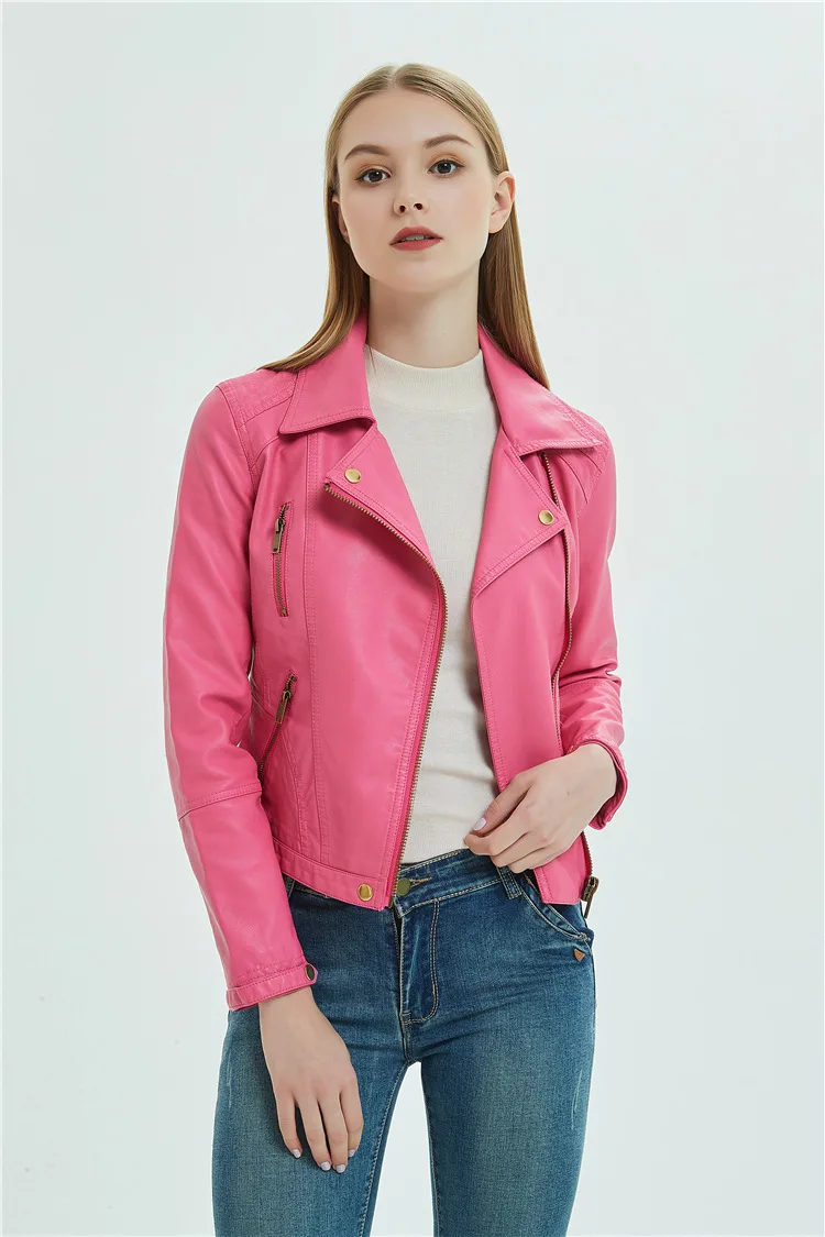 

C5772-spring and autumn leather women's short fit Pu Lapel fashion small leather locomotive leather jacket Korean short coat