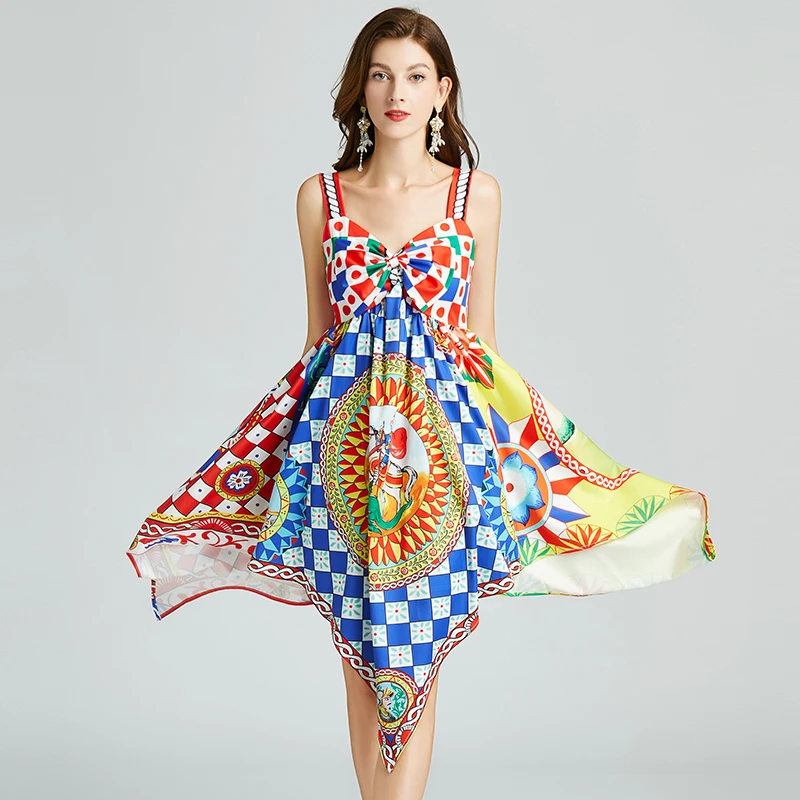 

Bohemia Women Vintage Sun Flower Print Strap Dress V-neck Sleeveless Big Irregular Hem Slim Waist Long Dresses Sling Vestido