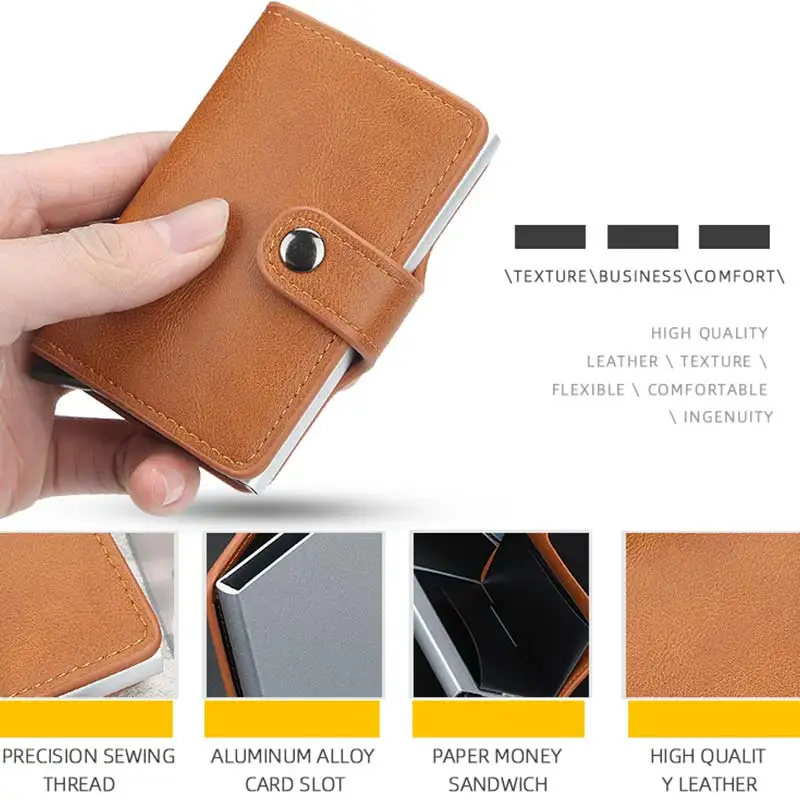 

New Business ID Credit Card Holder Men and Women Metal RFID Vintage Aluminium Box PU Leather Card Wallet Note Carbon