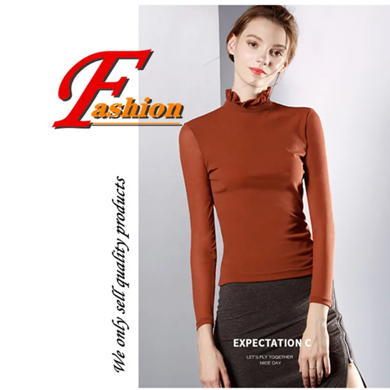 

High-grade new's women noble royal family fashion charm soft all-match slim clothing long-sleeved lotus leaf collar mesh shirt