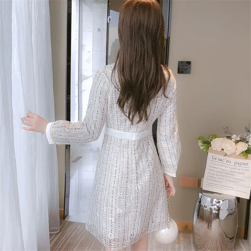 

Korean Plaid Tweed Dress Women Peter Pan Collar Mini Dress Autumn Office Lady Party Dress Vintage Harajuku Long Sleeve New B615