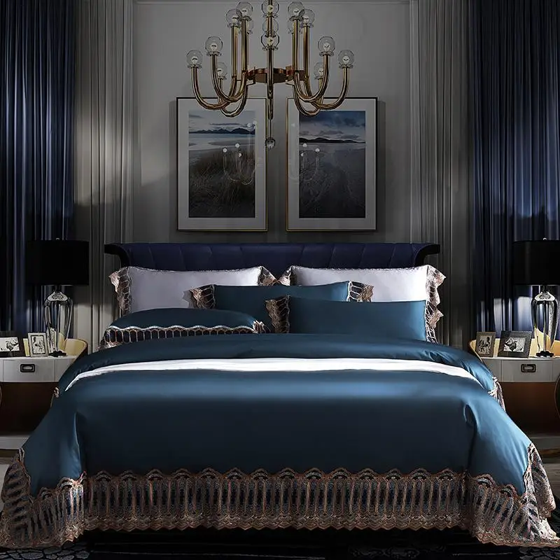 

Premium Chic 1000TC Egyptian Cotton Luxury Lace Bedding set Soft Comforter Cover Flat Bed sheet Pillowcases Red Gray White Blue