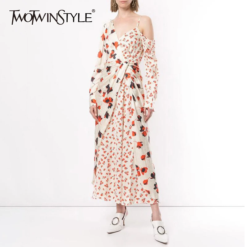 TWOTWINSTYLE Повседневное платье с принтом для женщин асимметричный воротник с открытыми плечами Высокая талия летние платья для женщин модная новинка