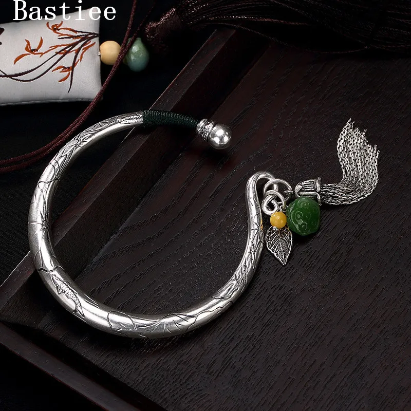 Bastiee 999 silver bangle bracelet for women vintage jade amber tassel carp lutos flower hmong handmade jewelry |