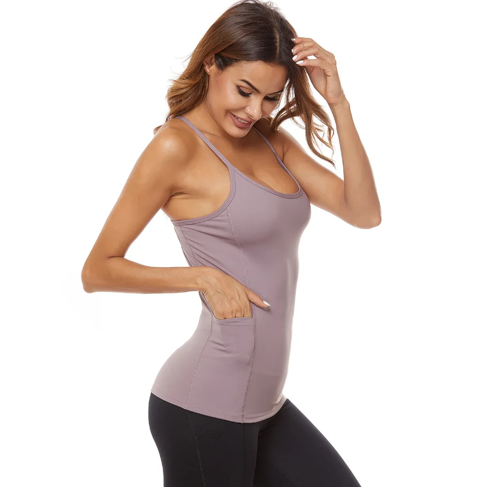 

Women Yoga Tights Sleeveless Backless Sling Nylon High Elastic Side Pockets Slim Fitness Vest Breathable Wicking Sports Tee Tops