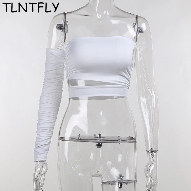 

One Sleeve Tube Tops Streetwear Women Sexy Corset Crop Top Hollow Wrapped Chest Open Back Long Sleeve 2021 Fashion Short Blouses