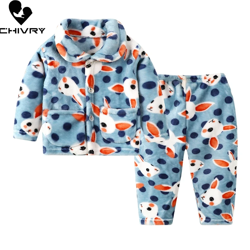 

New Kids Boys Girls Autumn Winter Warm Flannel Pajama Sets Cartoon Rabbit Panda Lapel Tops with Pants Sleeping Clothing Sets