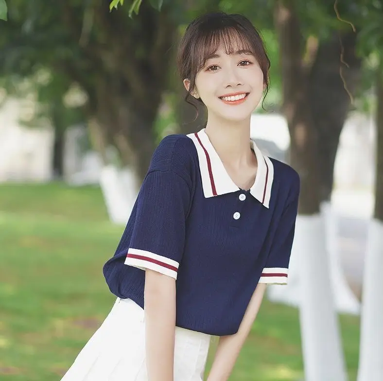 

Knitted Summer Ladies Polo Shirt White Poles Women Sweet Short Sleeve Basic Tee Shirt Female Clothing Fashion 2021 New