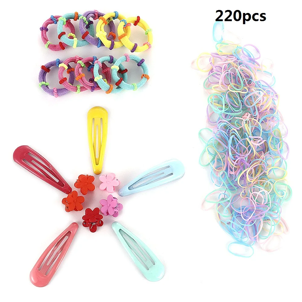 

220pcs Candy Color Solid Color Fashion Cute Girl Hairpin Rope Hair Tie Ponytail Children's Hair Accessories Set Anniversary Gift