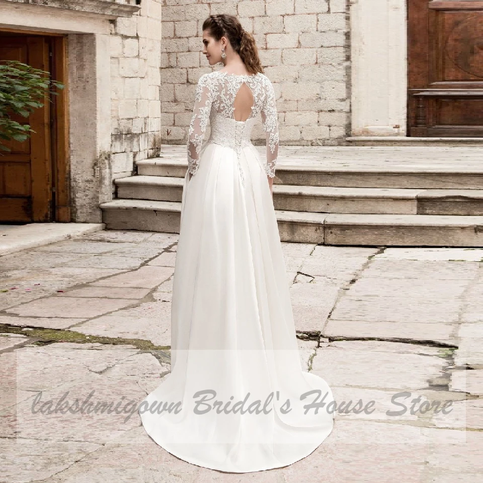 

Simple Satin Wedding Dress with Sleeves Plus Size Bridal Gowns Robe de mariee 2020 Bohemian A Line Wedding Dresses Lace Up Back