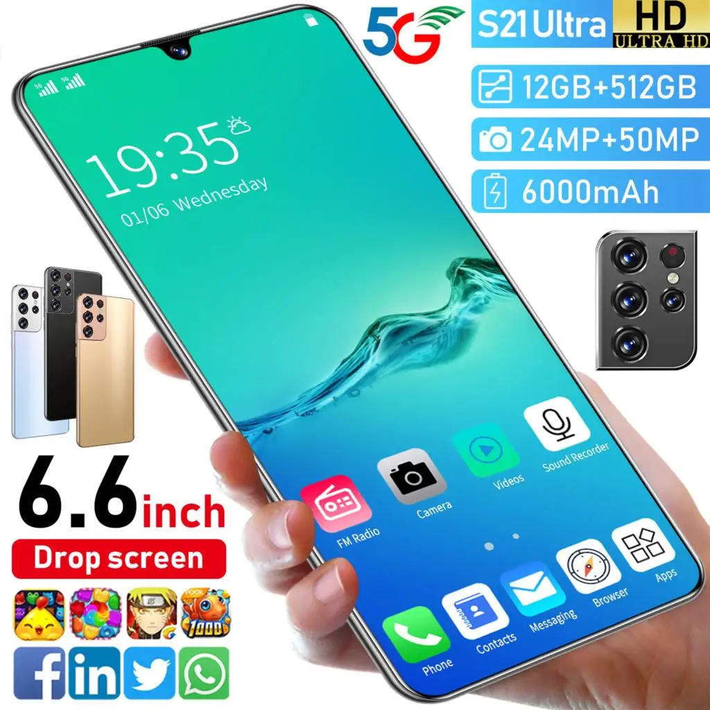 Смартфон S21 Ultra 2021 дюйма 10 ядер 6 7*1440 16 ГБ + 3200 32 Мп 50 МП 512 мАч Android 11|Смартфоны| |