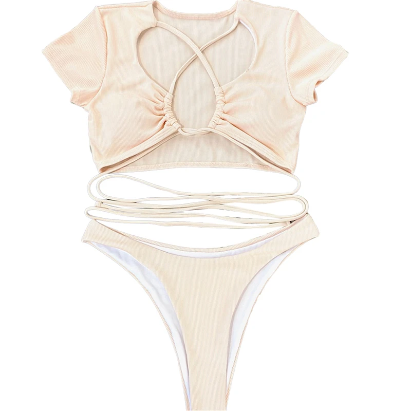 Женский комплект бикини однотонный бандажный кроп-топ с коротким рукавом и трусы