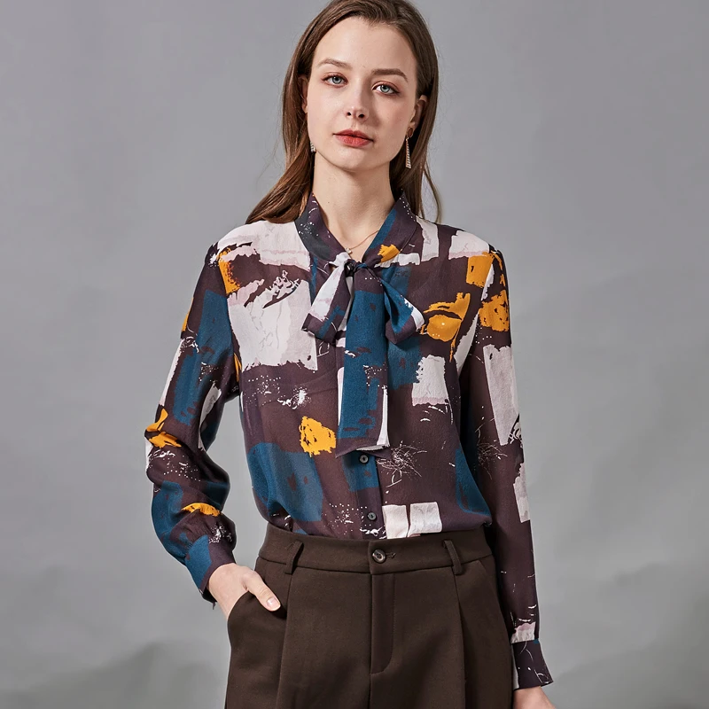 

100% Natural Silk Women's Shirt Sash Bow Collar Long Sleeves Printed Fashion Casual Blouse Tops