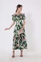 Designer Boutique Dresses Women's High Quality Cute Off The Shoulder Green Printed Midi Calf Party Vestidos