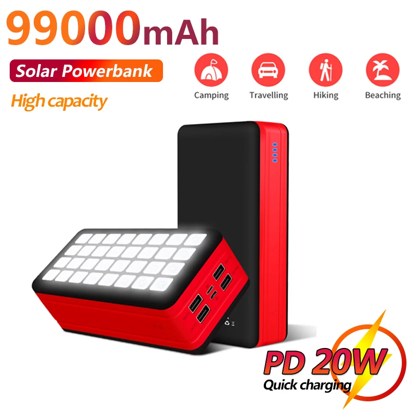 

Large Capacity 99000mAh Solar Mobile Power Bank External Battery Fast Charger for Camping Lights, Outdoor Camping Trips
