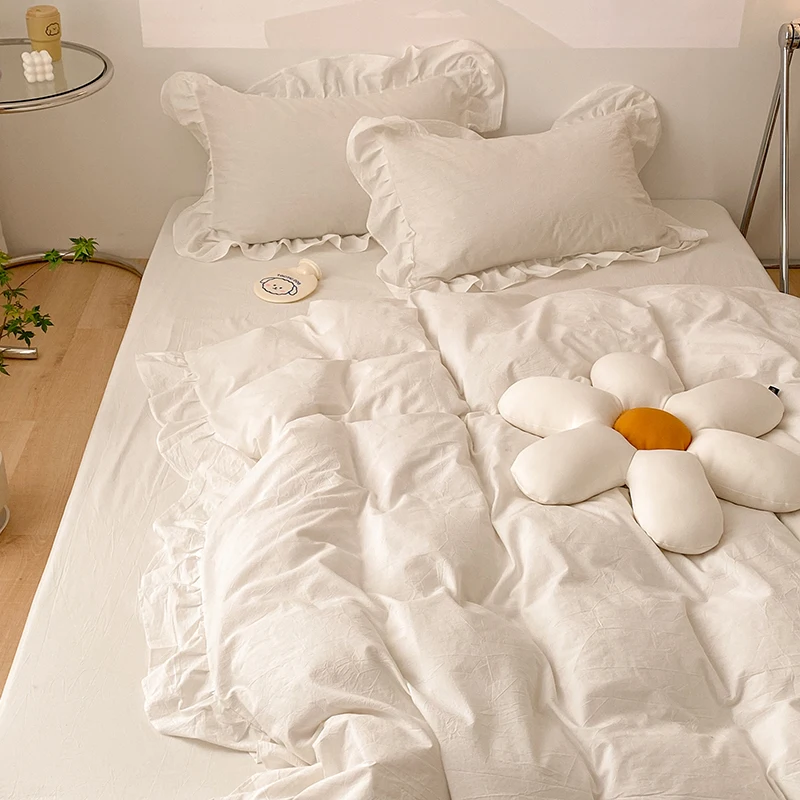

New Ruffles Washed Cotton Duvet Cover Set Brief Flat/Fitted Sheet Pillowcase King Bedclothes Bedlinen Twin Full Home Textile