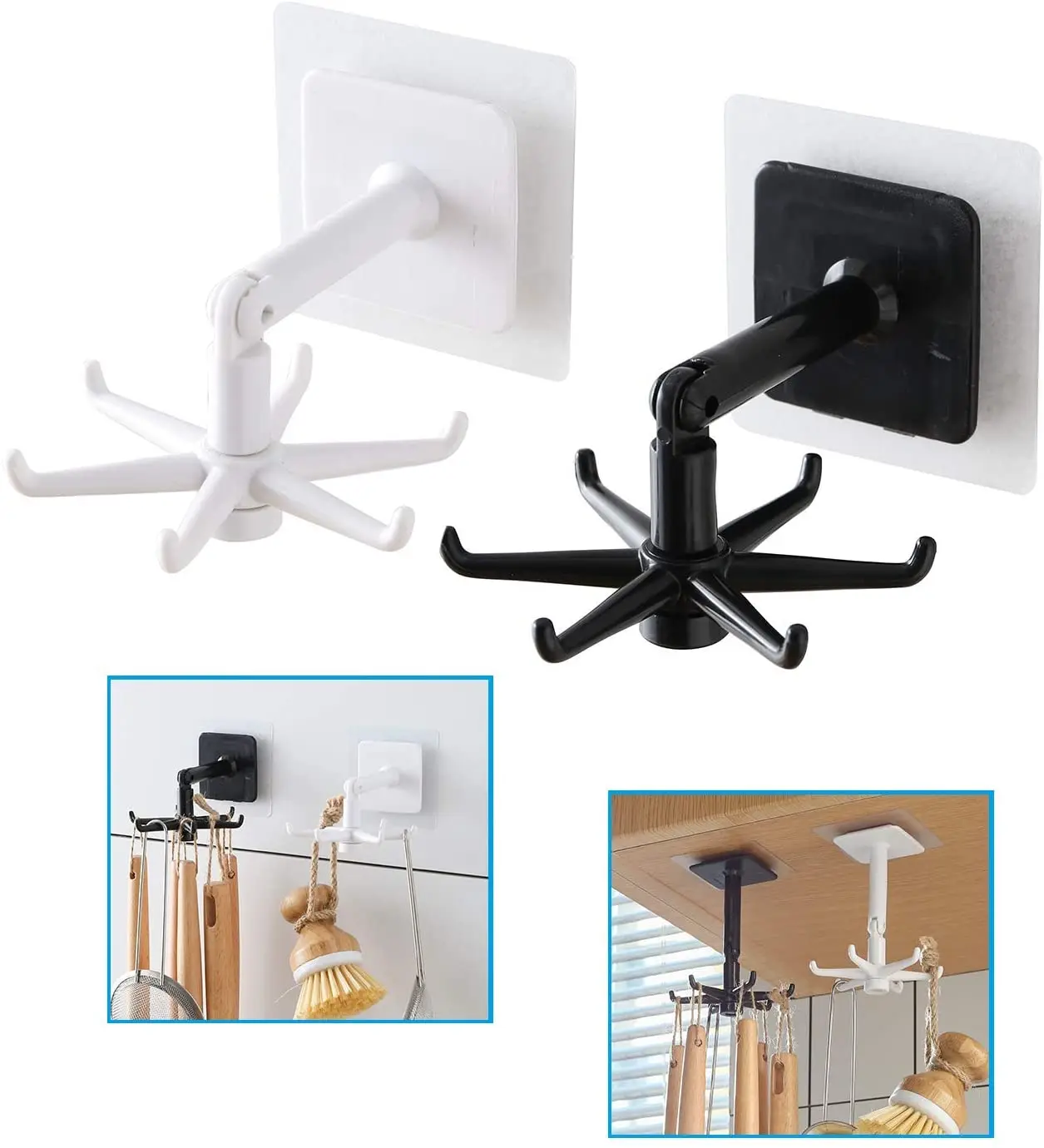 

Кухонные крючки с поворотом на 360 градусов, самоклеящиеся настенные крючки для кастрюль, вешалка для одежды, вешалка для сумок, подвесная стойка
