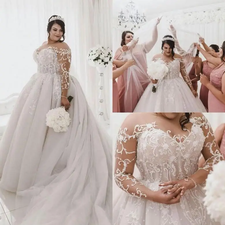 

Plus Size Ball Gown Wedding Dresses Jewel Neck Illusion Lace Pearls Beaded Long Sleeves Puffy Tulle Court Train Formal Bridal