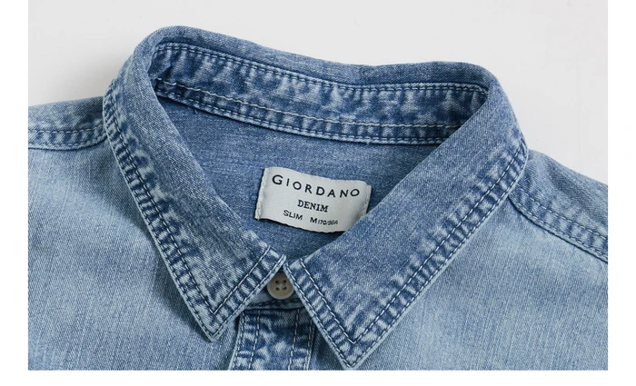 Giordano приталенная Мужская рубашка из джинсовой ткани с длинными рукавами Camisa Masculina, на пуговицах спереди, с отложным воротником, Chemise Homme 01049890