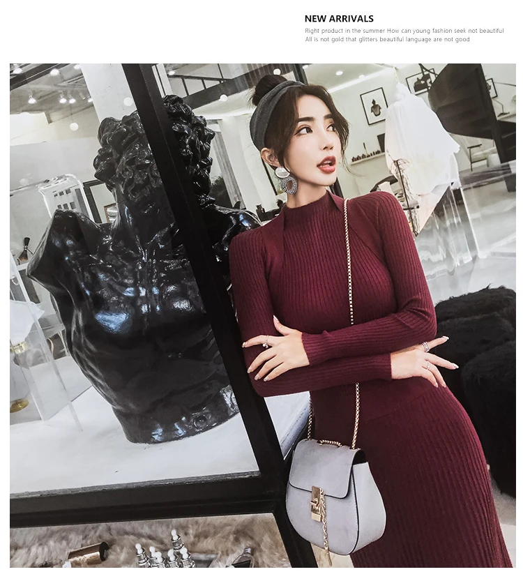 Women Slim Long Maxi Knitting Sweater Dress Autumn Winter Full Sleeve Pleated A-line Dress Big Swing Ladies Pullover Dresses