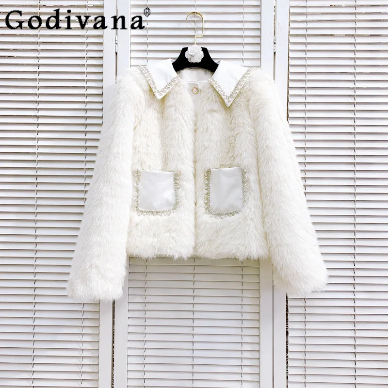 

Cute Beaded Diamond Doll Collar Faux Fur Coat Women's Single Breasted Long Sleeve White Short Fur Coat Thicken Warm Plush Jacket