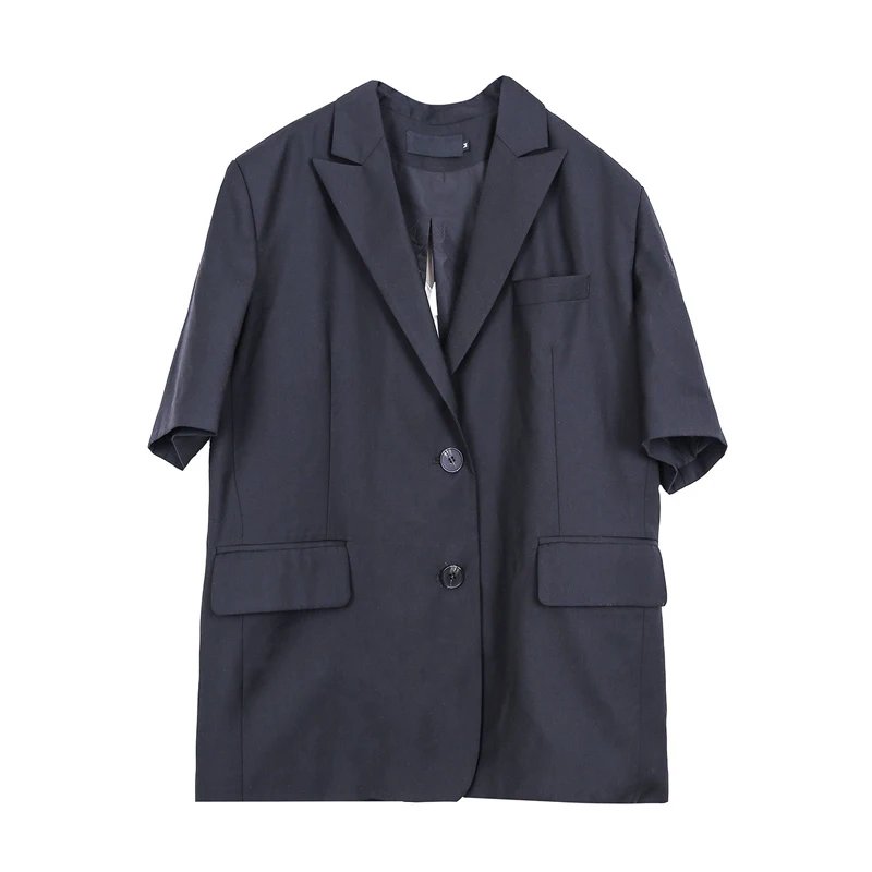 

TWOTWINSTYLE Korean Black Lace Up Bowknot Blazer For Women Notched Short Sleeve Casual Straight Blazers Female 2021 Summer Style