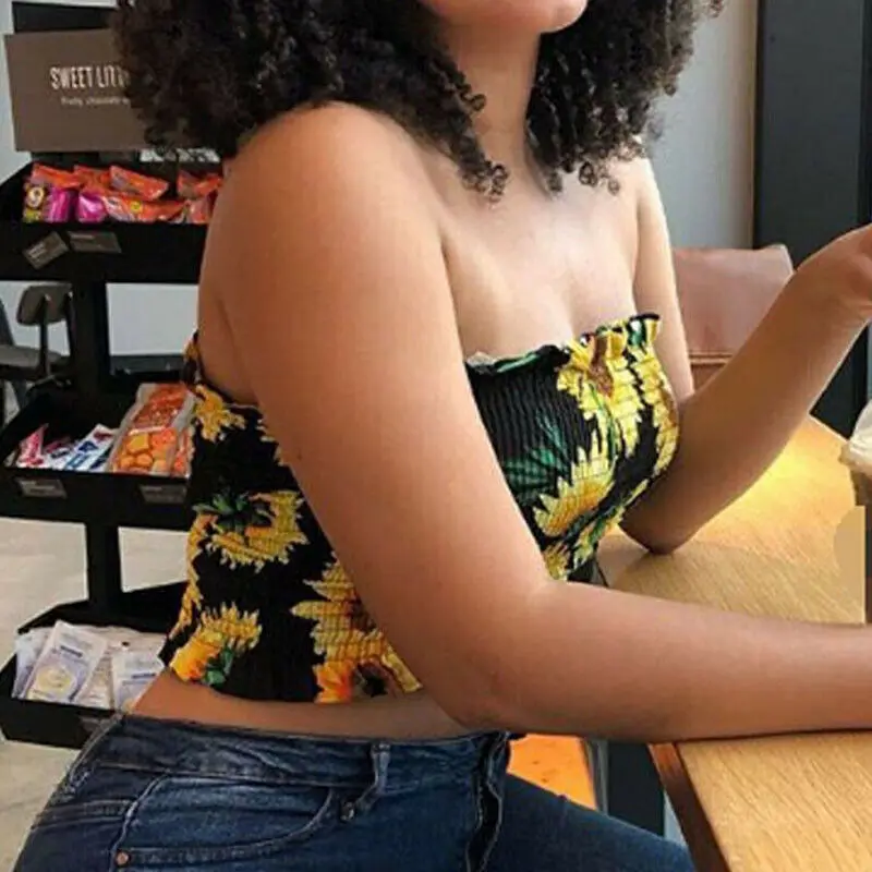 

Women Boob Floral Printed Tube Top Sunflower Bustier Sheer Crop Top Wrapped Vest 2020 Fashion Sexy Off Shoulder Bandeau Tank Top