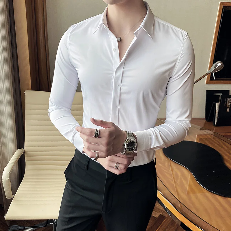 

British Style Spring Long Sleeve Shirts for Men Clothing 2021 Simple Business Formal Wear Slim Fit Casual Office Blouse Homme