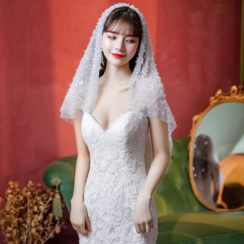 

Two Layers Pearls Short Bridal Veils With Combo Cover Face Wedding Veils
