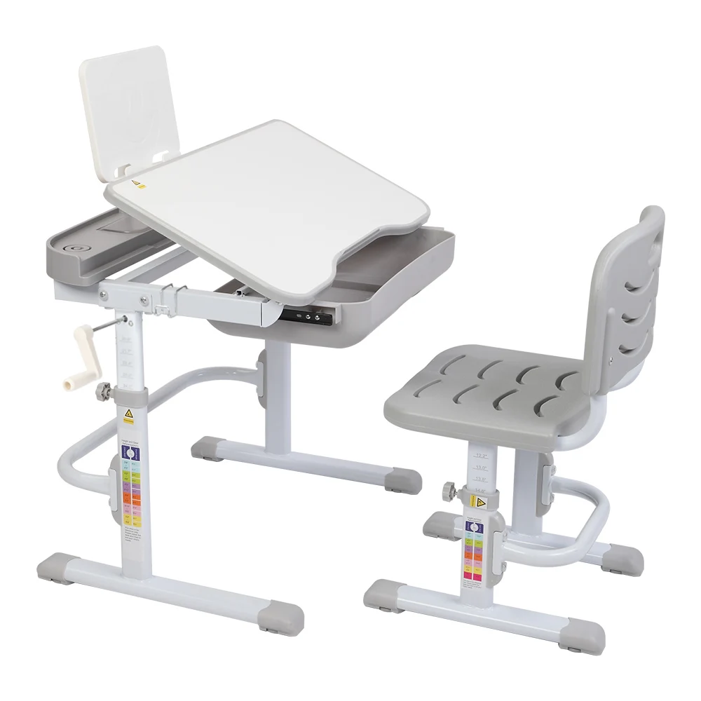 

Kid Study Desk And Chair 80cm Hand-Operated Lifting Table Top Can Tilt Children Learning Table And Chair Gray With Reading Frame