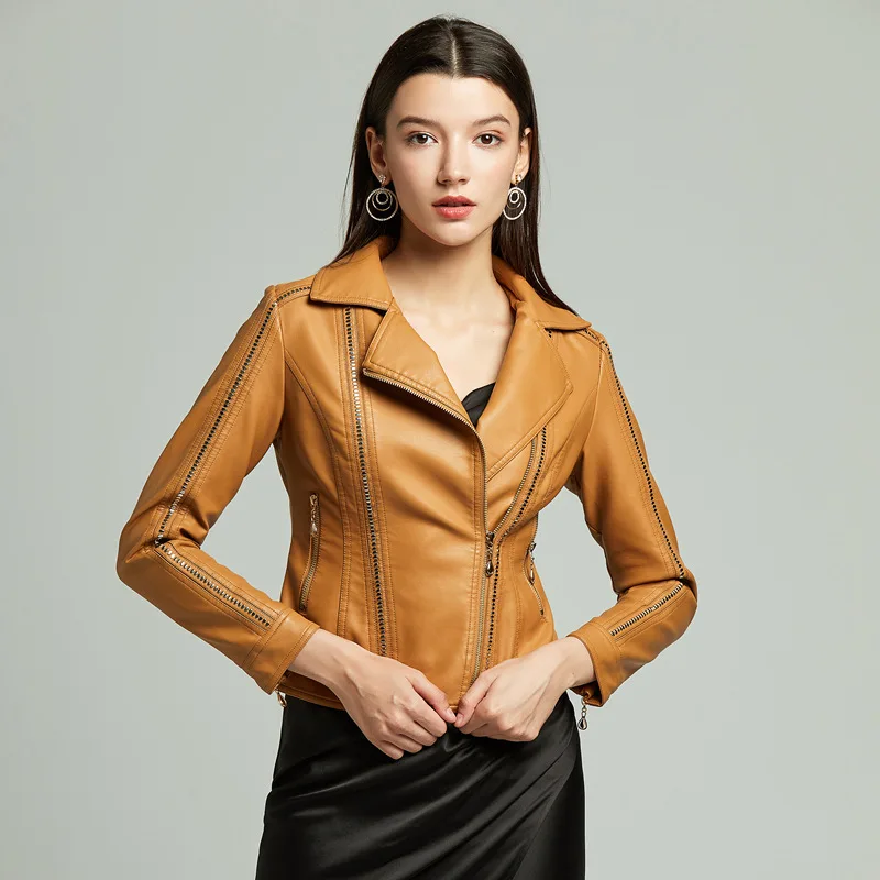 

Women's leather coat rivet inclined zipper v-neck female garment faux leather