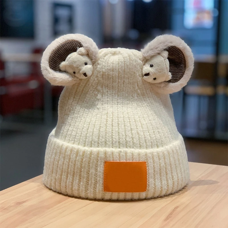 

P8DB Solid Color Beanie Cute Bear Knitted Hat Warm Winter Hat for Teenagers Adults