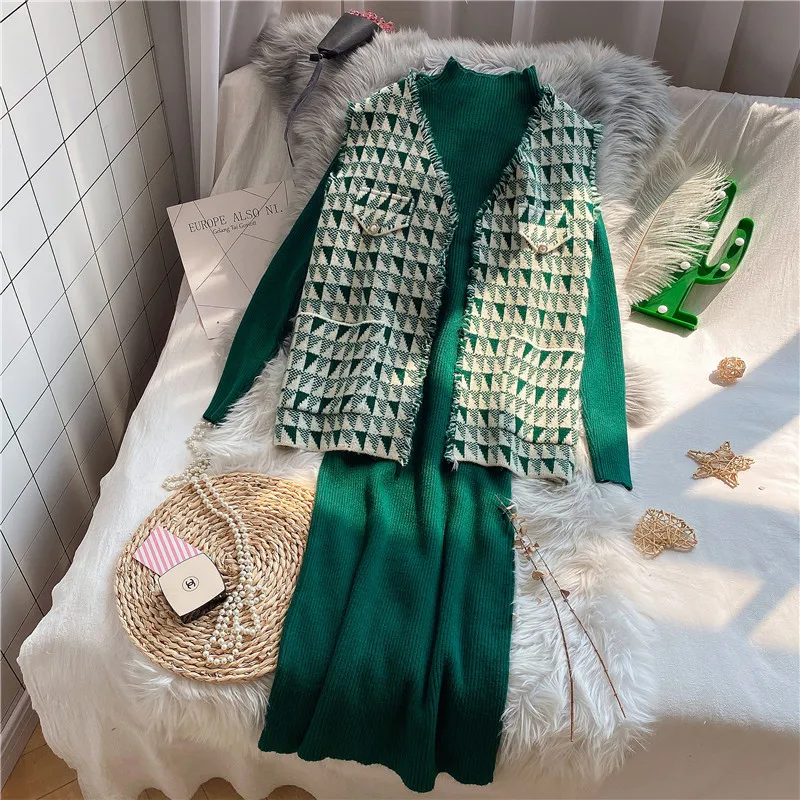 

Hsa 2020 Women Fall Sweater Long Knitting Dress Elegant 2 Pieces Sweater Suit Chic Sweater Vest argyle cardigan and Jumper Suit