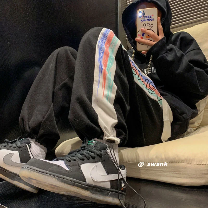 

Wildyak Patchwork Contrast Color Men's Sweatpants Hip Hop Harajuku Pants For Male Drawstring Casual Fashion Unisex Trousers