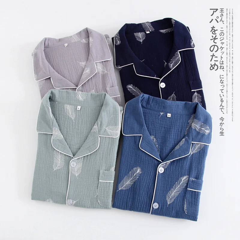 

Japanese Cotton Yarn Mens Pajamas Set Spring Autumn Home Suit Male Thin Long-Sleeved Cardigan Gauze Lapel Washed Crepe Homewear