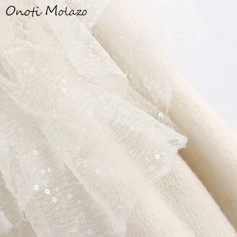 Onoti Molazo Casual Knitted Sweater Pullover Mesh Patchwork Winter Elegant Ladies Chic Pullovers Sweaters Female 2020 Spring New | Женская