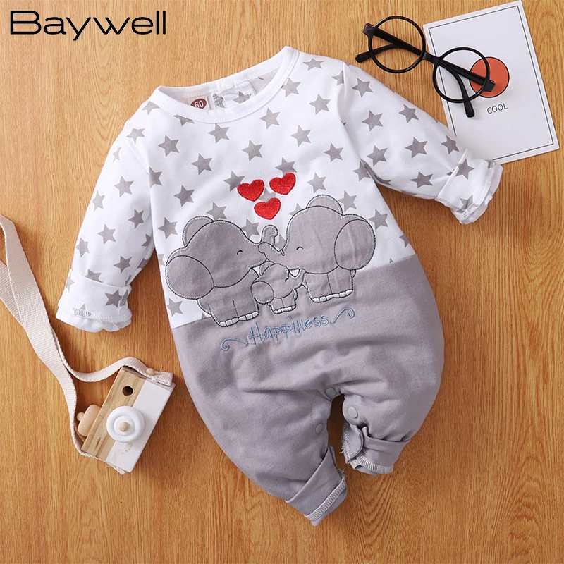

Baywell Baby Girls Boys Clothes Jumpsuits Cartoon Elephant Printed Long-Sleeved Newborn One-Piece Casual Romper Infant Jumpsuit